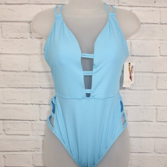 Jessica Simpson Sky Blue Double-Strap Plunge-Neck One-Piece Swimsuit Size Large - Picture 1 of 6